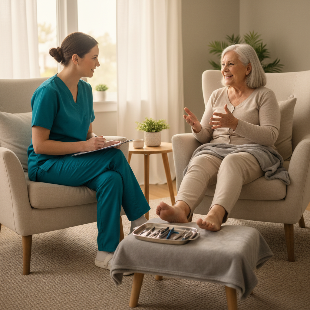 Registered nurse in warm conversation with an elderly patient at home